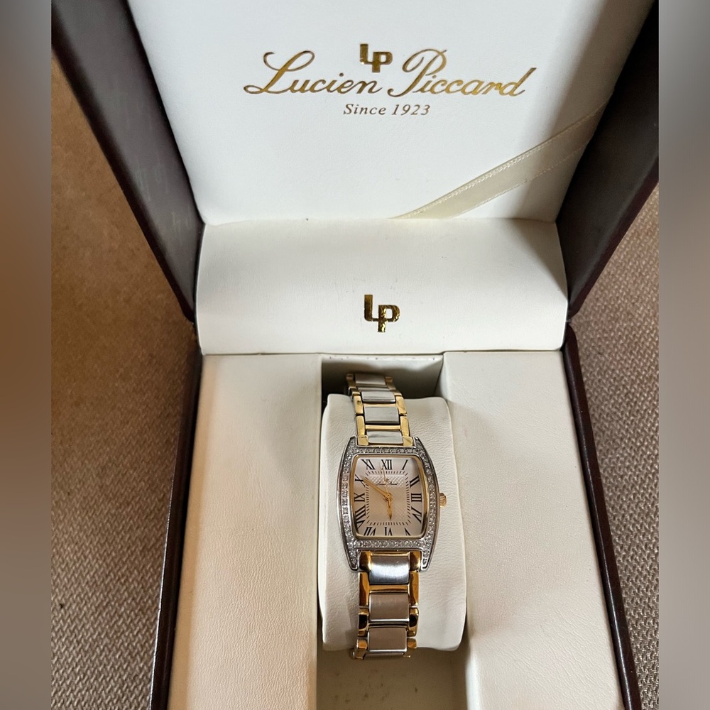 Lucien Piccard Stainless Steel Gold Diamond Rectangle Women’s Watch